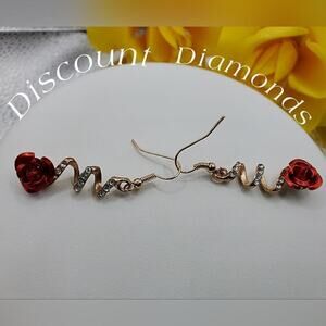 White Baguette Diamonds Enamel Red Flower Earrings 925 French Wire